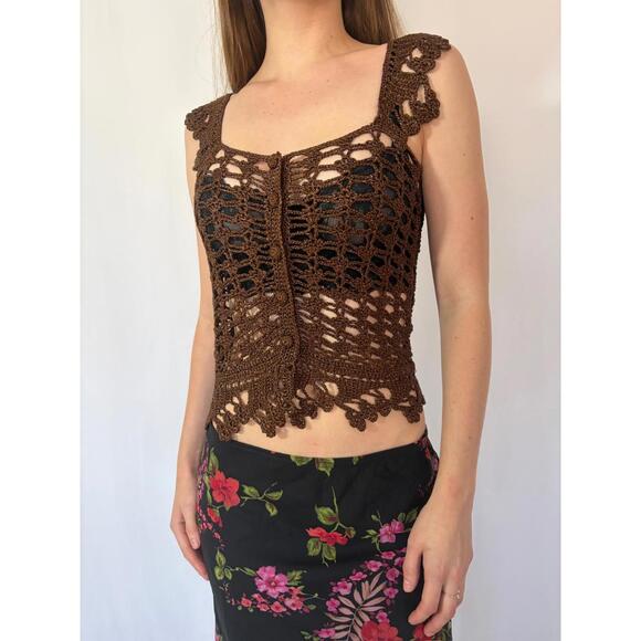 Nanette Lepore Brown Y2k Sparkly Open Knit Milkmaid Top - Picture 2 of 8